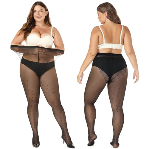 MANZI Plus Size Sheer Pantyhose for Women Black Polka Dot Tights Patterned 20D Sexy Stockings2