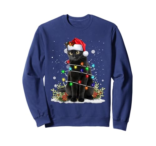 Black Cat Santa Christmas Tree Lights Family Matching Pajama Sweatshirt