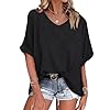 WNEEDU Tee Shirt Oversize Femme Col V été Haut Femme Manches Courtes Chemisier Top été Décontractée Léger et Aéré Grande Taille Noir XXL