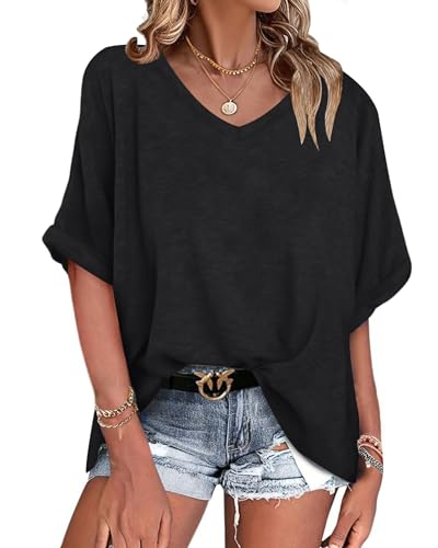 WNEEDU Tee Shirt Oversize Femme Col V été Haut Femme Manches Courtes Chemisier Top été Décontractée Léger et Aéré Grande Taille Noir XL