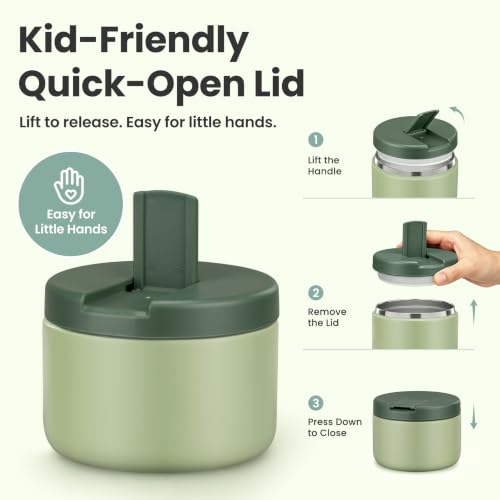 Image of Pawtong 12oz Insulated Vacuum Food Jar with Buckle Lid Wide Mouth Soup Thermo for Hot Food Kids Leakproof Stainless Steel Lunch Container- Green- 1Pack