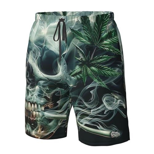 Skull Marijuana Psychedelic Cannabis Leaf Hippie Weed Men's Quick Dry Swim Shorts, Mesh Lined Beach Trunks with Pockets2