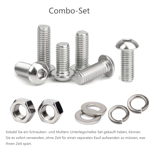JDMA 100 Stück M5x10 Linsenkopfschraube mit Innensechskant und Muttern Unterlegscheiben Federring ISO 7380 304 Edelstahl Vollgewinde Halbrundkopfschraube Flachkopfschraube Linsenschraube
