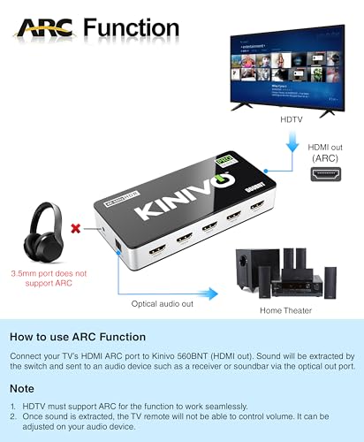 Image of Kinivo HDMI Switch with Audio Extractor 560BNT (5 in 1 Out Hub, Toslink Optical Audio Port, SPDIF, 4K 60Hz Switcher, 18Gbps, IR Remote) - Compatible with Gaming Console, Cable TV, PC, Dolby Digital
