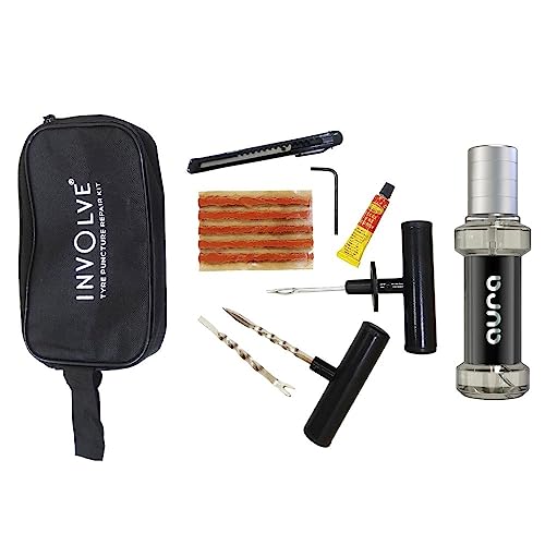Image of INVOLVE 9 in 1 Universal Tubeless Tire Puncture Kit Emergency Flat Tire Repair Patch Kit Tool with(Storage Bag) & Element Aura Spray Air Freshener for Car, Bike, SUV, & Motorcycle Involve Accessories