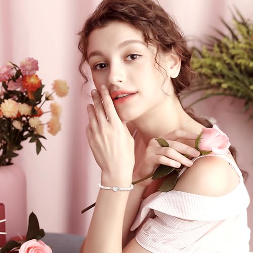 Pearl Bracelets for Women, Dainty Gold Bracelet Silver Prom Pearl Jewelry for Wedding, Trendy Daisy Bracelet Heart Bracelet as Simple Bridesmaid Gifts Floral Jewelry Brazaletes Para Mujer