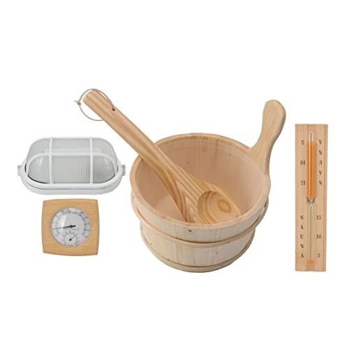 Sauna Wooden Bucket Spoon Kit, Sauna Equipment and Accessories, Bucket Kit Bath Bucket Spoon Hygrothermograph Explosion Proof Lamp Hourglass Set with Liner Steam Room Wooden