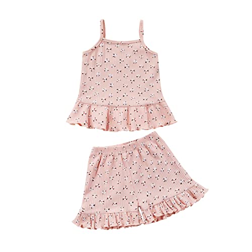 Image of COORALLY Toddler Baby Girl Floral Ruffled Outfits Set Strap Crop Tops+ Shorts Pants Summer Clothes Set, A-pink, 18-24 Months
