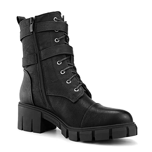 Tobfis Women's Combat Boots Side Zipper Buckle Chunky Heel Ankle Booties2