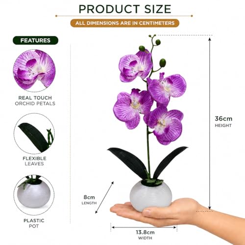 Image of CURATED CART Flower Pot with Artificial Flowers - Orchid Purple Flower with White Vase | Ideal for Home Decor | Office Decor | Gifting | Size 36 x 9cm