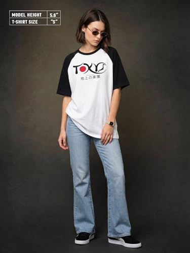 Image of JUNEBERRY Round Neck Drop Shoulder Round Neck Black & White Graphic Printed Pure Cotton Oversized Baggy Fit Half Sleeve T-Shirt for Women & Girls (Sizes: S to 2XL)