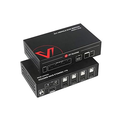 AV Access KVM Switch HDMI 2.0 Computer Switcher 4 Port, 4K60Hz YUV444 18Gbps, USB 2.0, Work at Home, Keyboard/Mouse/Printer/Monitor/PC selector, Audio Out/Mic in, HDR10, DTS, HDCP2.2, 4 in 1 Out