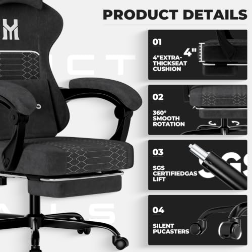 Image of Gaming Chair with Footrest, Ergonomic Computer Chair with Lumbar & Headrest Support for Adults, High Back Office Desk Chair with 360Swivel Wheels for Game and Work, Breathable Fabric,Black