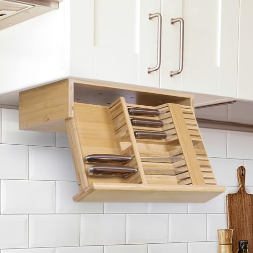 HOMBYS Bamboo Pull-Down Under Cabinet Knife Storage