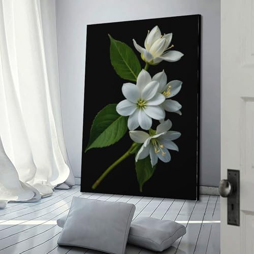 Décoration murale fleurs blanches 40x60cm pour illuminer un salon au fond noir