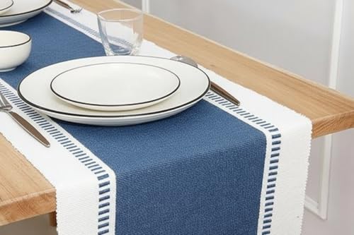 Image of North Field Handwoven Soft Cotton Table Runner for 4-6 Seater - Handloom Traditional Indian Design - Eco-Friendly Dining Decor - 100% Cotton | 14X54 Inch | 0.5 Kg (Denim Blue)