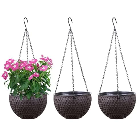 YuanDiann Hanging Flower Pots, Set of 3, Self-Watering Hanging Plant Pots with Water Reservoir & Drainage Hole Honeycomb Hanging Basket with Rustproof Chains Cover