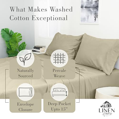 Image of Linen Home Washed Cotton Percale Queen Sheet Set, Silver, Preshrunk, 4 Pieces Sets - 1 Flat, 1 Deep Pocket Fitted Sheet & 2 Envelope Closure Pillowcases, Soft, Cool and Comfortable Bed Linen