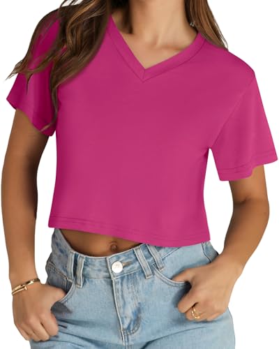 Image of Womens Crop Tops Short Sleeve V Neck Summer Cropped T Shirts Baisc Tees