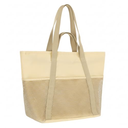 F-color Waterproof Beach Tote Bag with Zipper, Beige