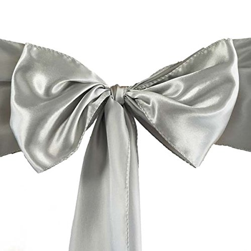 TABLECLOTHSFACTORY 25pcs Silver Satin Chair Sashes Tie Bows Catering Wedding Party Decorations 6 x106
