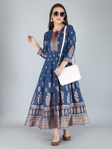 Image of Aj Art Anarkali Kurti for Women and Girls Floral Golden Print Regular Slim Fit Rayon Blue (Set of 1)