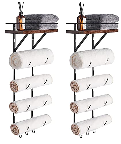 ELYKEN 2 Pack Wall Towel Rack for Rolled Towels, Hanging Towel Storage for Small Bathroom, Metal Towel Holder with 1.8” Guardrail Shelf and 3 Hooks for RV, Hotel Organizer Shelves, Rustic Brown
