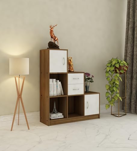 Image of Elegant Multipurpose Storage Unit | Engineered Wood Free Standing Cabinet | Open & Closed Display Shelf Organizer | Lyon Teak & White | DIY Assembly