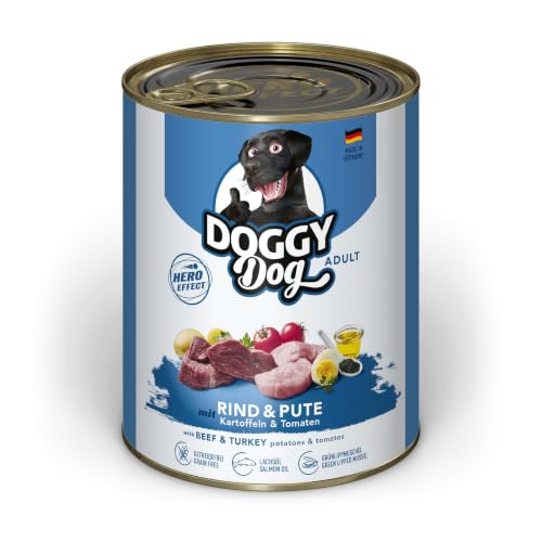 DOGGY Dog Paté Mix 1, 6 x 800 g, Nassfutter für Hunde im Probierpaket, getreidefreies Hundefutter mit Lachsöl und Grünlippmuschel, Alleinfuttermittel mit hohem Fleischanteil, Made in Germany