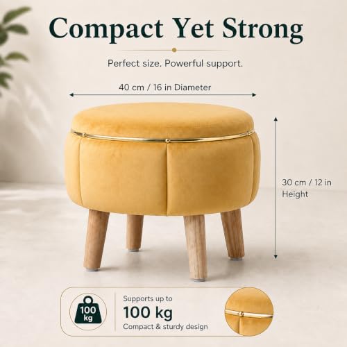 Image of Velvet Upholstered Round Ottoman Footstool | Anti-Slip Feet | Multipurpose Footrest, Step Stool & Vanity Seating & Decor | 40 x 30 cm (16 x 12 Inch) | Yellow