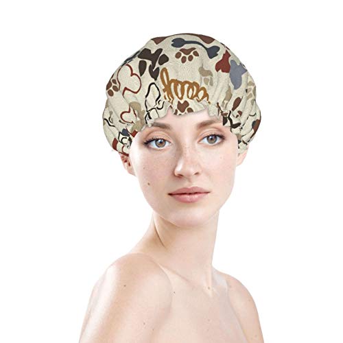 Dog Paw Prints Bones Shower Cap for Women Reusable Waterproof Bath Hair Caps Bonnet Double Layer Soft Comfortable