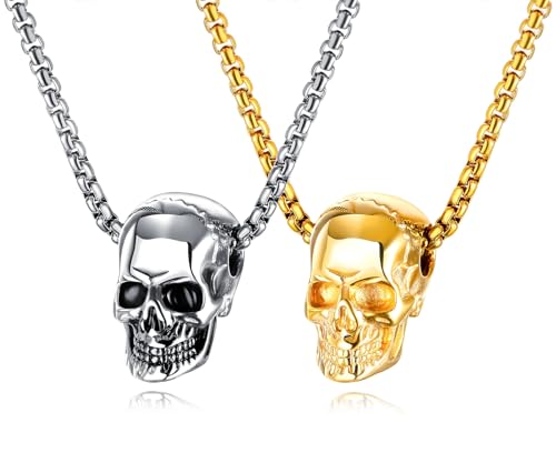 Kawailay 2 pièces crâne collier gothique PUNK bike Rock Hip Hop pendentif collier Hommes et femmes - or et argent