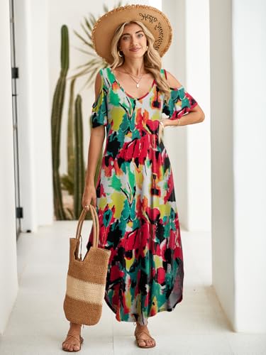 Image of BELAROI Womens Cold Shoulder Maxi Dress Plus Size V Neck Summer Sundresses with Pockets Beach Coverup Vacation Outfits