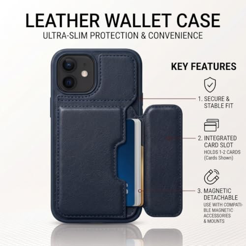 Image of amazon basics Luxury Vegan Leather Back Cover for iPhone 11 | Built-in Card Holder Slot | Integrated Mobile Stand | Slim Shockproof Protective Case with Stitched Finish - Blue
