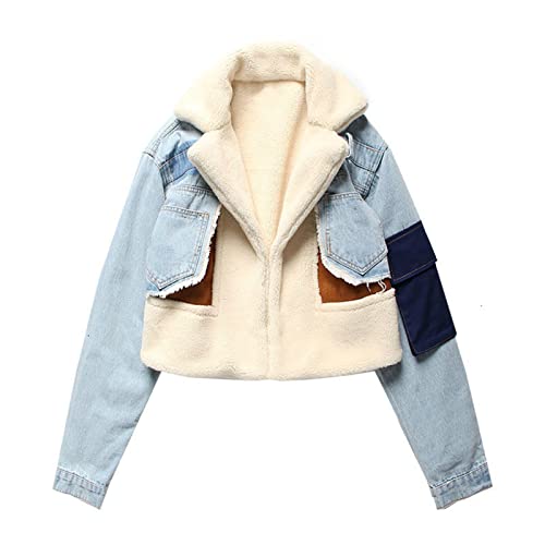 JEsilunmaMY Women's Patchwork Denim Jacket Long Sleeve Lapel Cardigan Coat Winter Fleece Thicken Lamb Wool Cotton Jackets