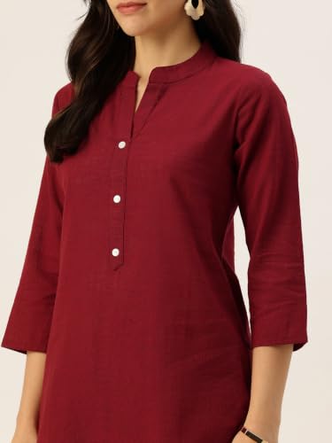 Image of feranoid Women's Plain Cotton Kurta with Mandarin Collar, 3 /4 Sleeves & Pocket