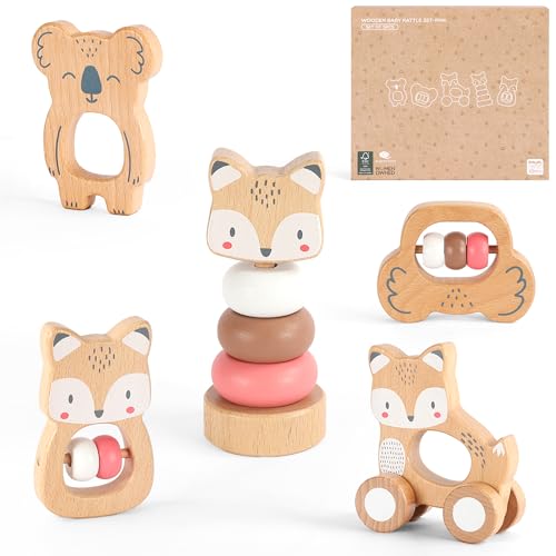Image of FReniland Wooden Montessori Baby Toys Set, 5-Piece Newborn Gift Set with Koala Rattle, Fox Stacking Rings & Push-Pull Toy for Boys and Girls