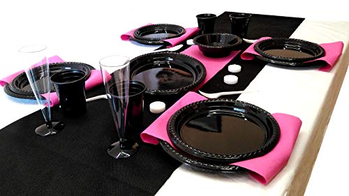 elegi. Scelta Piatti di plastica USA e Getta. Set Fiesta 142 Pezzi Nero (20 Bicchieri, 18 Ciotole, 10 vassoi, 22 Piatti, 72 tovaglioli Fucsia). Compleanni, Feste, Picnic, Bambini, Neonati