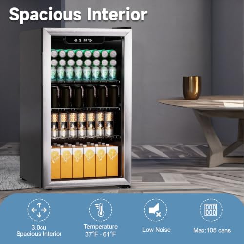 Image of DOGHLY 3.0 Cu.ft Beverage Refrigerator Cooler, 105 Can Mini Fridge with Glass Door, Digital Temperature Display for Soda, Beer or Wine For Office Bar with Adjustable Removable Shelves