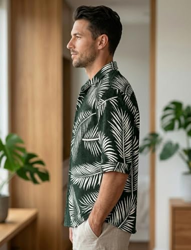 Image of MiraMichi Men's Corduroy Printed Half Sleeve Casual Shirt - Regular Fit Hip Length
