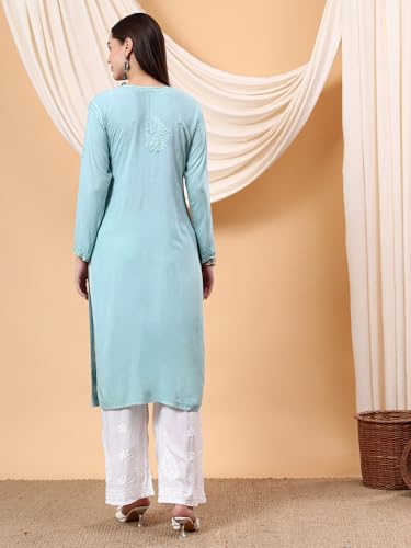 Image of POSHAK CHIKAN STUDIO Women's Hand Embroidered Lucknowi Chikankari Modal Straight Long Kurta, heer