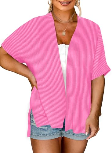 Image of Eytino Women Plus Size Lightweight Cardigan Half Sleeve Ribbed Knit Kimono Cardigans Tops(1X-5X)