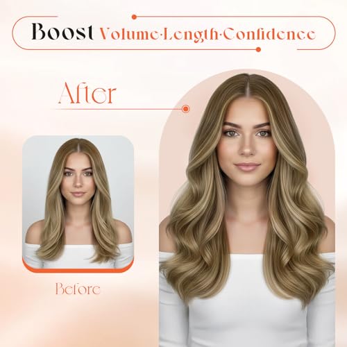 Image of Sunny Hair Clip in Hair Extensions Real Human Hair Brown Blonde Balayage | 18 Inch Real Hair Clip in Extensions, Natural Volume and Balanced Length with Soft Hair for Work & Date Night 120g