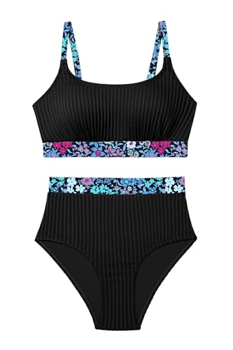 Image of Herseas Women's Textured Bikini Sets Floral Print Trim Scoop Neck Swimsuits High Waisted Bathing Suits