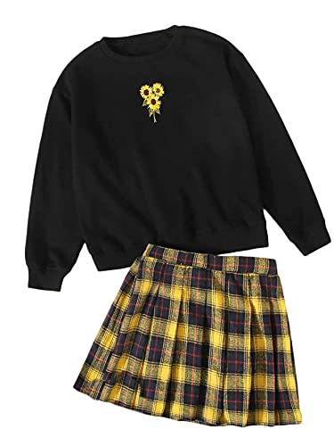 SOLY HUX Girl s Floral Embroidery Long Sleeve Sweatshirt and Plaid Skirt Set 2 Piece Outfits Black Sunflower 11-12Y