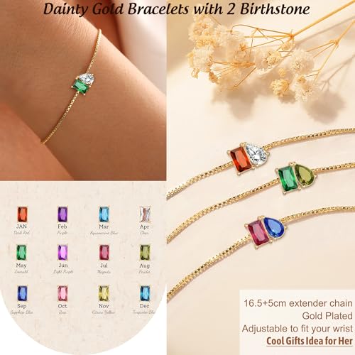 Birthstone Bracelets for Women, Dainty Gold Bracelet with Birthstone Birthday Gifts for Her Mothers Day Gifts Trendy Stuff 14k Plated Adjustable Link Bracelet Anniversary Christmas Jewelry