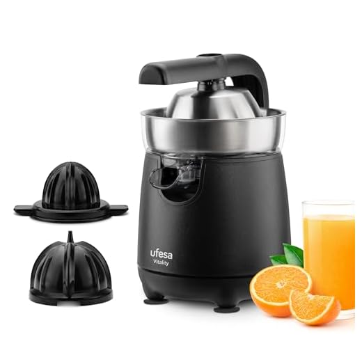 Ufesa Vitality, Exprimidor Eléctrico de brazo, 120W, Vertido Continuo, Sistema Antigoteo, Doble Cono, Filtro en Acero Inoxidable, Brazo para la extracción del Zumo, Sin BPA, Negro Inox