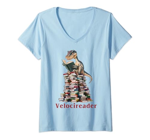 Womens Velocireader Dinosaur Velociraptor Book Lovers Paleontology V-Neck T-Shirt