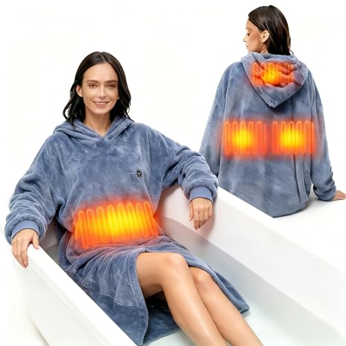 Image of Oversized Heated Wearable Blanket, Battery Powered Fleece Hoodie Robe 7.4V 16000mAh 167F Overheat Protection