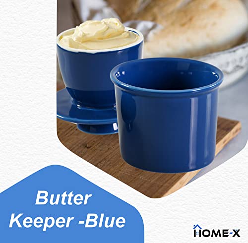Home-X Butter Crock, Stoneware Butter Container, Bell-Shaped Butter Keeper For Easily Spreadable Butter, 3 ¾" D X 3 ¾" H, Blue #TOP2